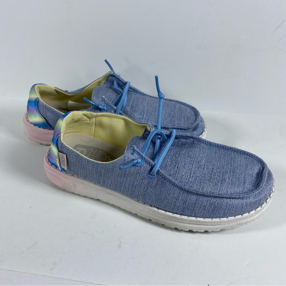 Hey Dude Kids Wendy Moc Toe Sneaker Light Blue Sparkle Denim Shoes size Y5 Youth - Picture 3 of 9